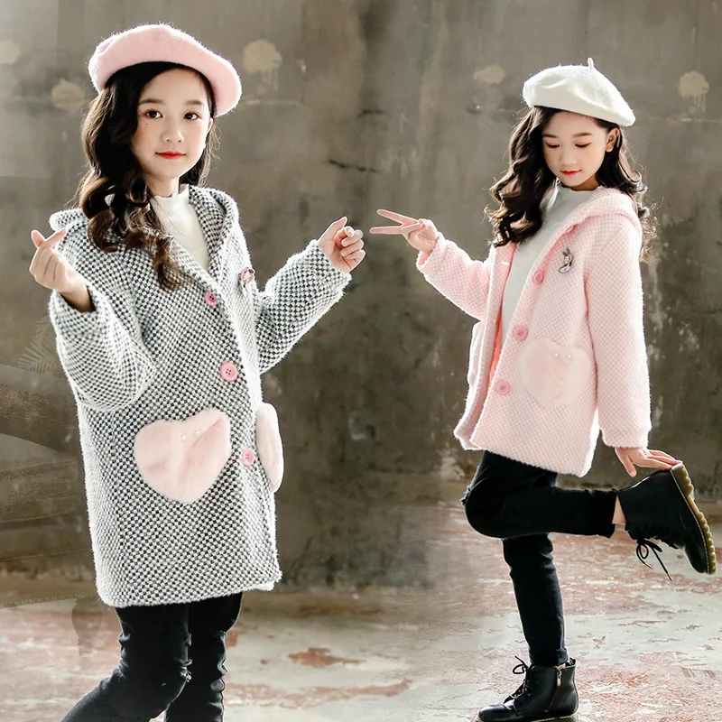 

2019 Winter Girl Jacket Long Sleeve Woolen Jacket Girl Jacket Child Girl Costume Kids Big Clothes 3-13Y