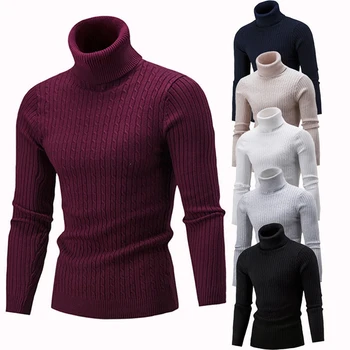 

Men's Warm Turtleneck Sweater Fashion Solid Knitted Mens Pullover Sweaters Casual Slim Pullover Male Double Collar Top
