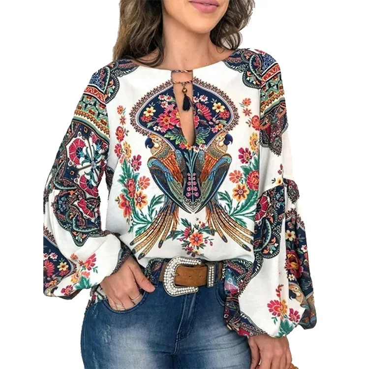 

Spring and autumn lantern sleeve large size long-sleeved shirt new cross-border trend ethnic style printed women's clothing