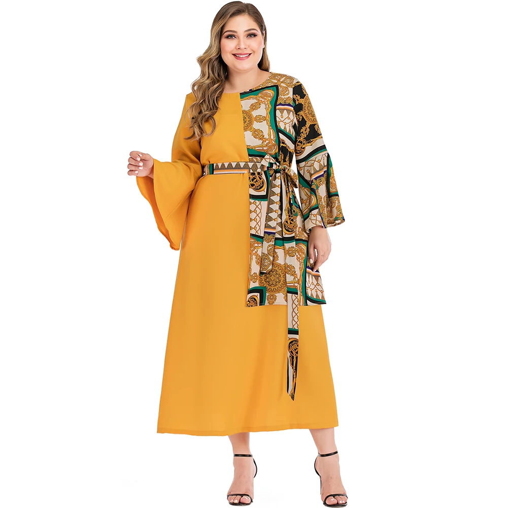 

Fadzeco African Dresses for Women Flare Sleeve Tribal Print Party Maxi Dress Chiffon Casual Loose Patchwork Dress with Belt