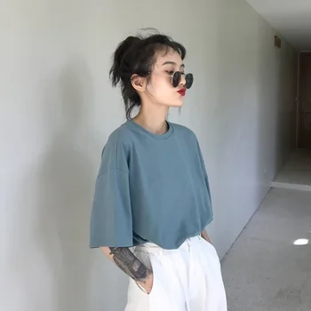 

YZY Summer New Style Korean-style CHIC Mid-length Loose-Fit Versatile Solid Color Tops Casual Crew Neck