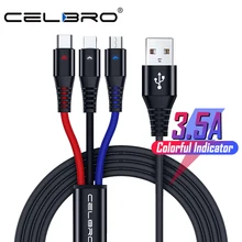 Cabo carregador micro usb 3 em 1 led, tipo c usb 3 em 1, cabo de carregamento para xiaomi k20 pro mi a3 a2 redmi note 5 7