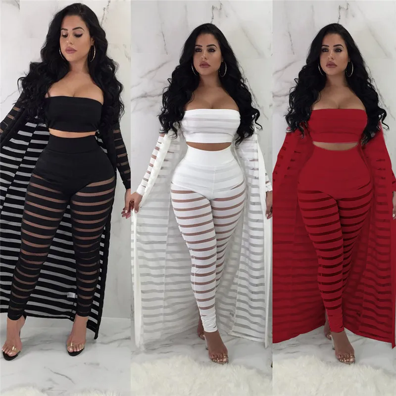 Adogirl Solid Sheer Mesh Stripe Women Casual 3 Piece Set Strapless Tube Top Pencil Pants Full Sleeve Extra Long Cardigan Suits