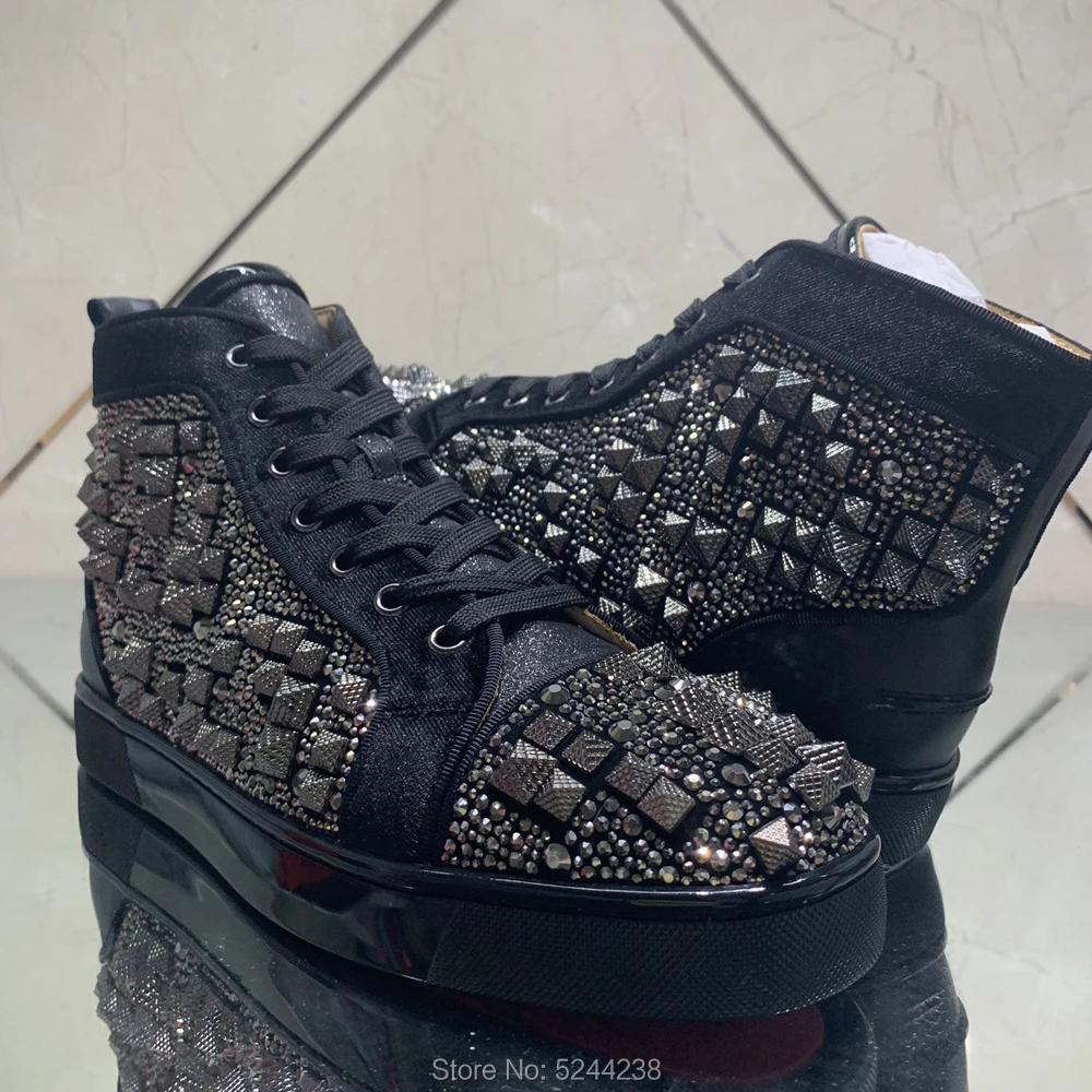 High Top Handmade Black Leather Rhinestone Messy screw thread Rivets Prom Men Loafers Red bottom leather casual loafers shoes
