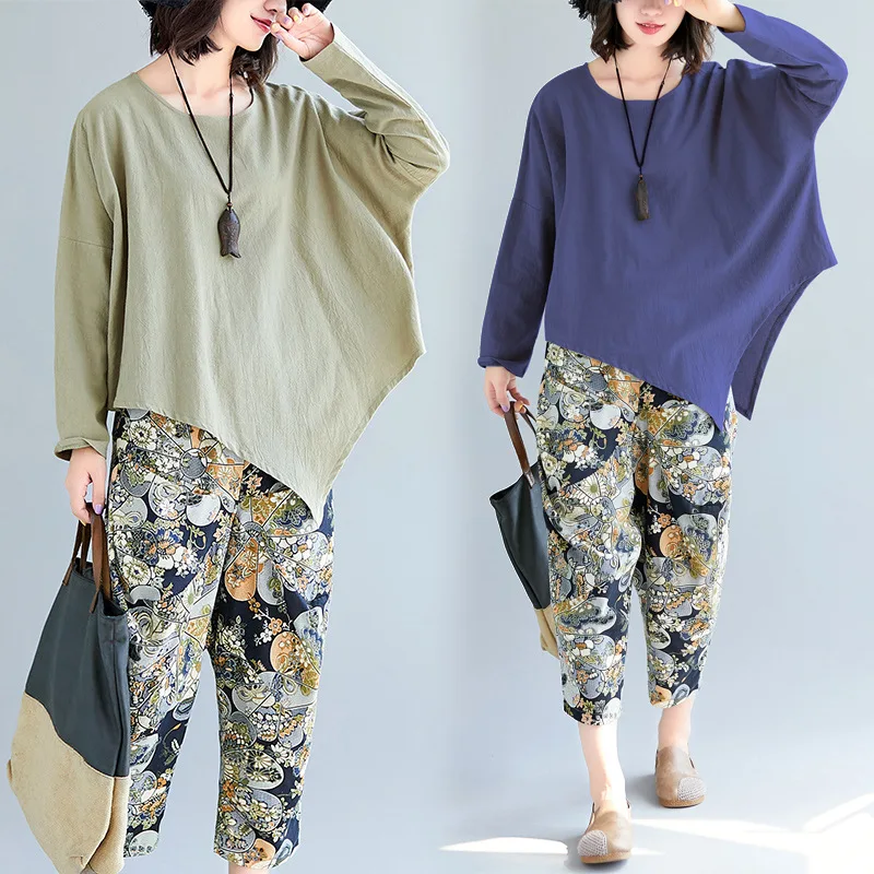 

2019 Autumn New Style Loose And Plus-sized Irregular T-shirt Long Sleeve + Cotton Linen Capri Pants Two-Piece Set