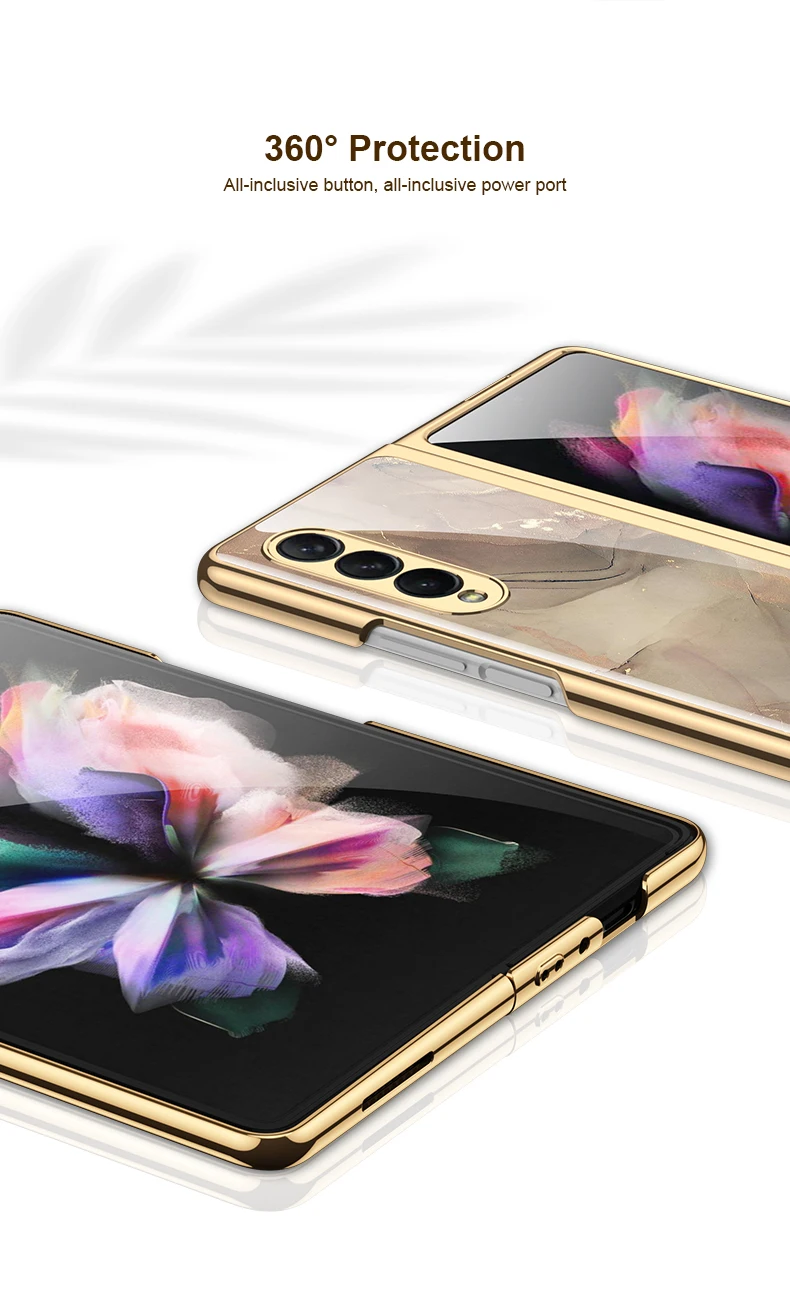 Luxury Plating Tempered Glass Case for Samsung Galaxy Z Fold 3 5G Marble Cases Plastic Frame Hard Glass Cover for Galaxy Z Fold3