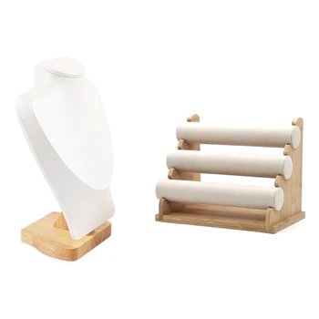 

1 Pcs Bust Frame Wooden Necklace Display Stand & 1 Pcs 3 Tier Bamboo Bracelet Display Jewelry Organizer Holder Stand