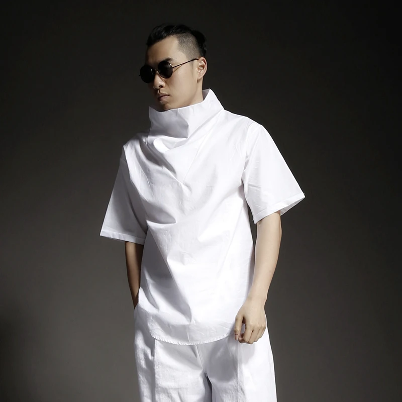 

Летняя мужская одежда в японском стиле ретро, новая индивидуальная модная мужская свободная и простая футболка с высоким воротником и пятью точками рукава с короткими рукавами