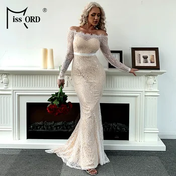 

Missord 2020 Women Sexy Off Shoulder Lace Dresses Female Backless Maxi Elegant Party Dress FT18306