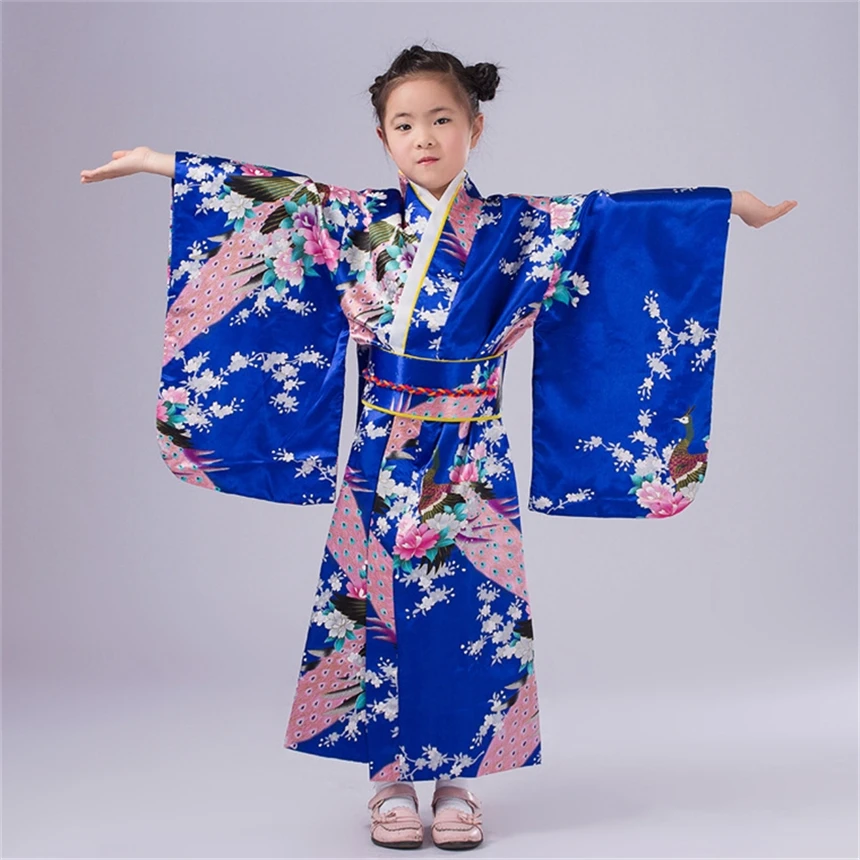Traditional Kimono Girl Japanese Dress Silk National Traditional Print Cherry Red Blossoms Costume for Girls Japan Clothing