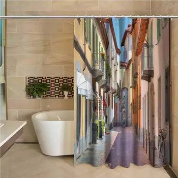 

City Precision Custom Shower Curtain Town of Alba Piedmont Northern Italy Narrow Stone Paved Street Among Colorful Houses Modern
