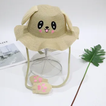 

Beach Straw Cap Bucket Hat Fashion Baby Cartoon Moving Rabbit Ears Sun Protection Gift Unisex Summer Outdoor