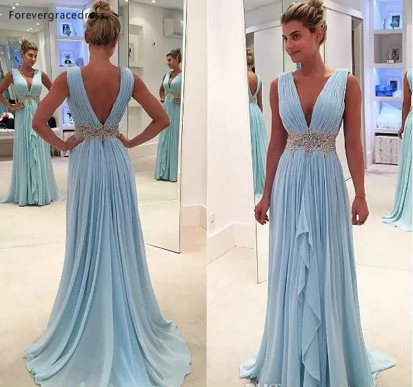 2018 Light Sky Blue Chiffon A Line Evening Dresses Long Deep V Neck Beaded And Appliques Sash Prom Dresses With Pleats BA7653  119