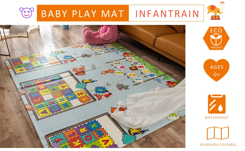 INFANTRAIN Baby Play Mat Foldable Kids Playmat Infants Reversible XPE Crawling Mat Toddlers Foam Play Mat Non-Toxic Size 200*180