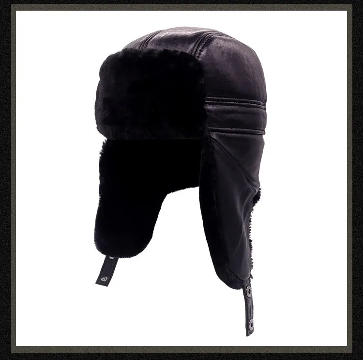 Зимняя мужская шапка-бомбер из натуральной овечьей кожи; теплая шапка-ушанка; Натуральная овечья кожа; шапки; черные снежные шапки