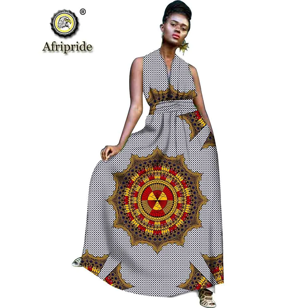 Африканские длинные макси платья для женщин платье с принтом ткань Анкара без рукавов v-образный вырез А-силуэт Вечерние наряды AFRIPRIDE S1925090