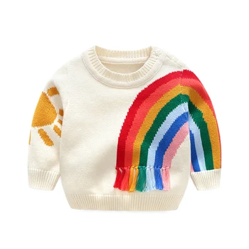 

Top and Top Child Sweaters Kids New Fashion Autumn Winter Tops Rainbow Printed Round Neck Girls Boys Outwears Casual Thick Cloth