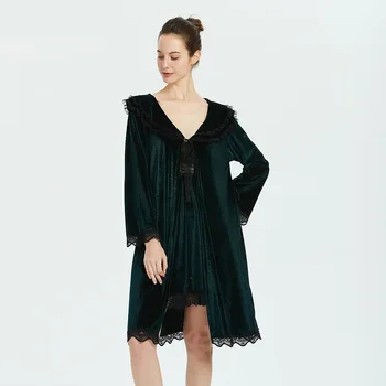 

Velvet Sexy Dark Green Robe & Gown Set Hot Nightwear Women Sling Lingerie Dress Bathrobe Night Suit Home Party Daily Comfortable