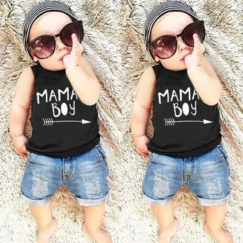 

Summer 2pcs Set Infant Toddler Baby Boys Sleeveless Letter Print Vest Tops+Hole Denim Jean Shorts Fashion Casual Suit Outfits
