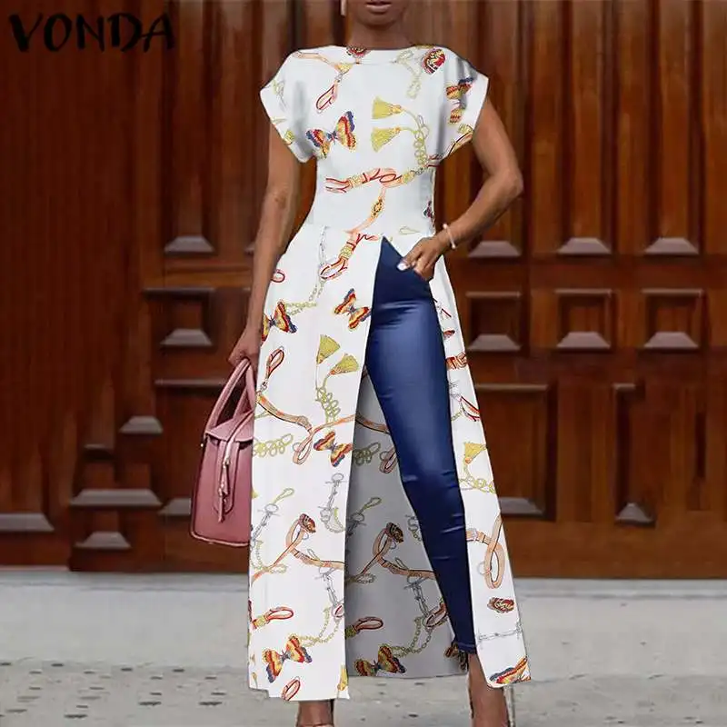

VONDA Split Hem Blouse Women Dress Vintage Printed Long Shirts 2020 Summer Tunic Female Casual Loose Party Tops Plus Size Blusas