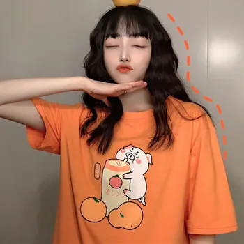 

2019 Summer Tops Women's Cute Loose Round Neck Cartoon Pig & Fruits Print Short Sleeve Long T-Shirt camisetas verano mujer*