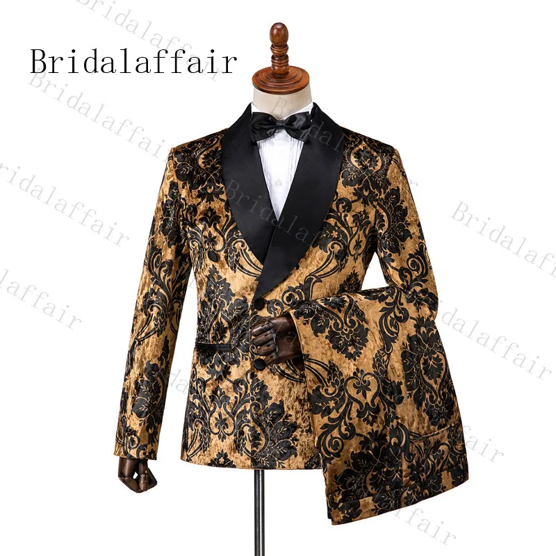 Men Suits Velvet Tuxedo Prom-Dress Groom Brown Wedding Party Black 3-Pieces Double-Breasted