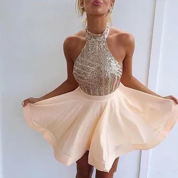 

Cheapest Blush Peach Halter Neck Homecoming Dresses Blingbling Sequins Bodice Backless Chiffon A-line Short Prom Evening Gowns