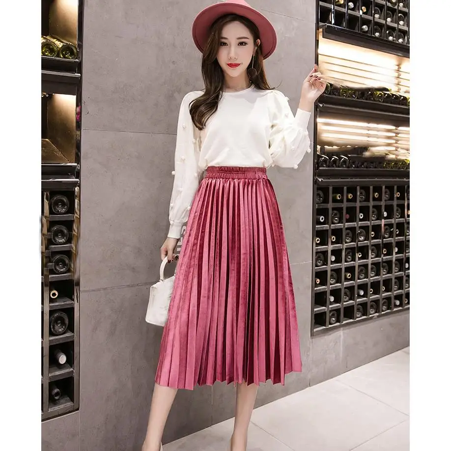 Женская длинная юбка цвета металлик, серебряная плиссированная юбка макси, юбка миди с высокой талией, эластичная повседневная юбка цвета металлик