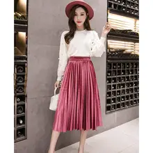 Женская длинная юбка цвета металлик, серебряная плиссированная юбка макси, юбка миди с высокой талией, эластичная повседневная юбка цвета металлик