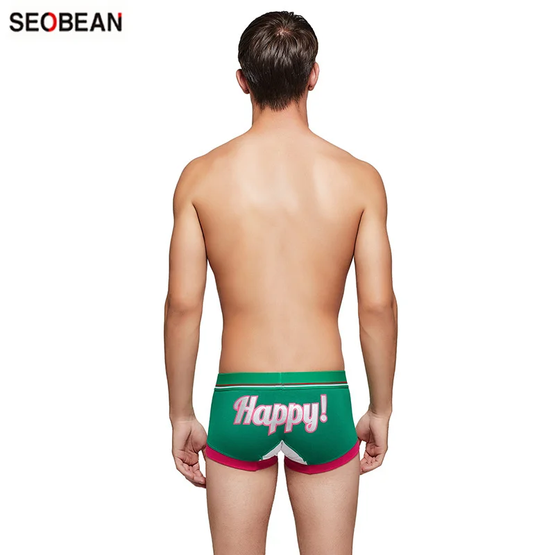 SEOBEAN, новинка, мужское нижнее белье, трусы с надписью HAPPY, дышащие, u-образная сумка, пуш-ап, сексуальные, рождественские боксеры