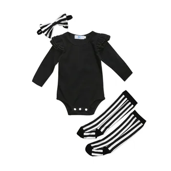 

Newborn Infant Toddler Baby Girls Clothes Romper Bodysuit + Striped Leggings Socks Headband Outfits Set Clothes