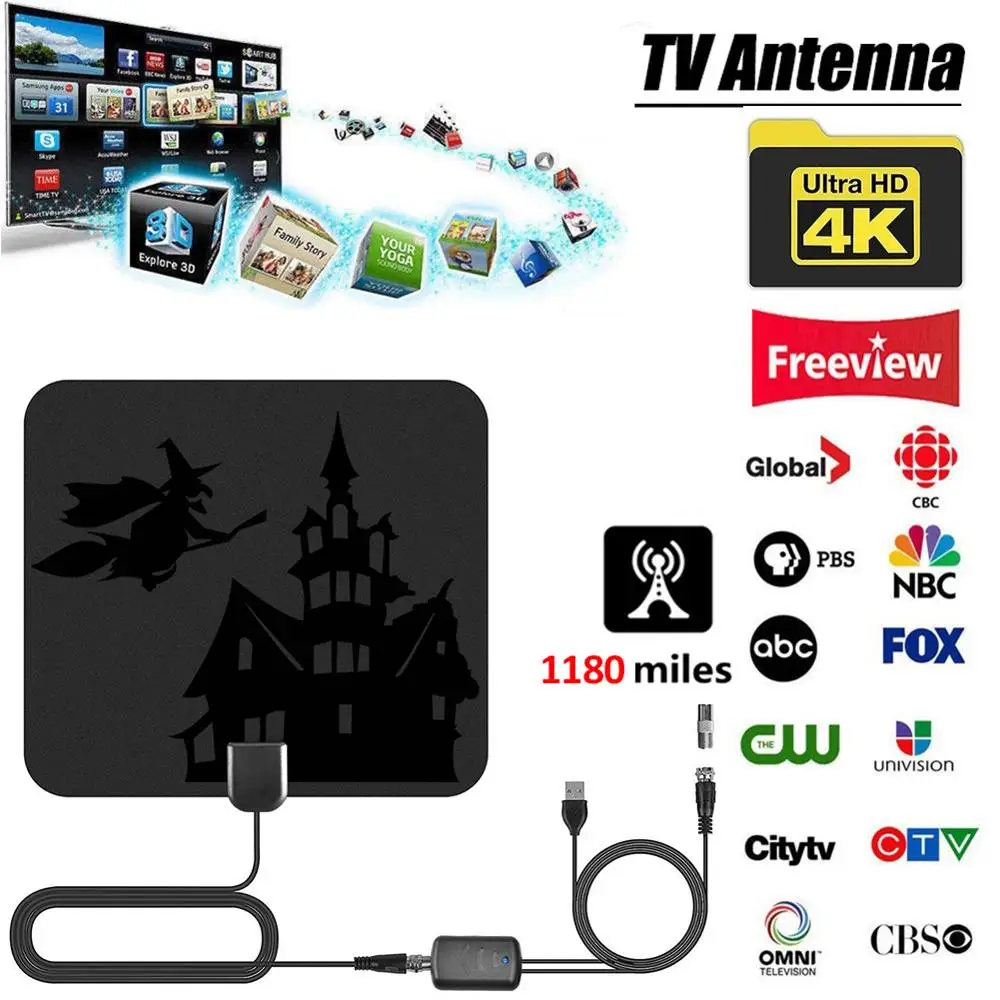 

4K UHD 25DB High Gain HD TV DTV Box Digital TV Antenna 50 Miles Booster Active Indoor Aerial HD Flat Design Flame Retardant PC