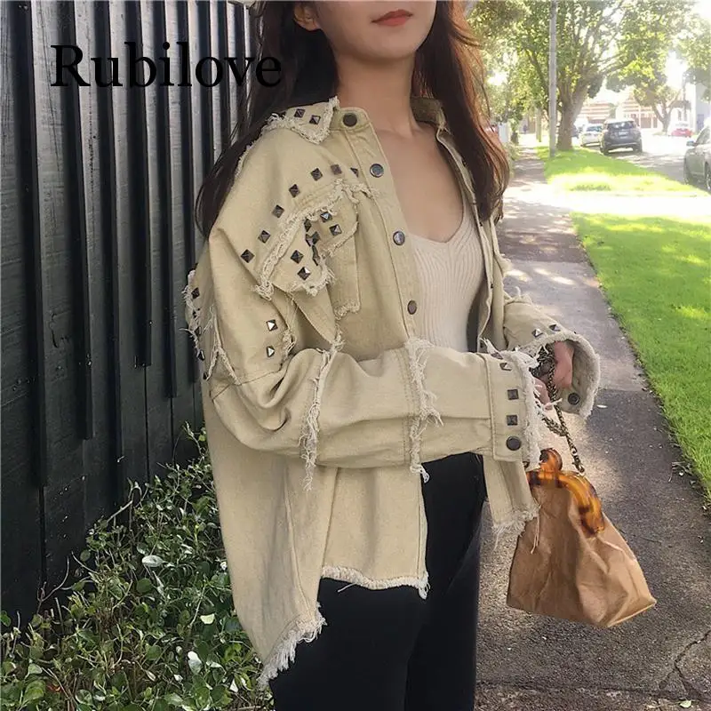 Best  Spring Studded Frayed Women's Denim Jacket Long Sleeve Women's Jackets Large Size Outerwear Irregul