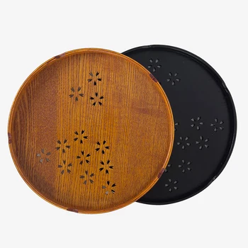 

1Pc 27cm/30cm Round Fruit Tray Wooden Sakura Design Hollow-Out Tray Teaboard Snack Tray Storage Tray
