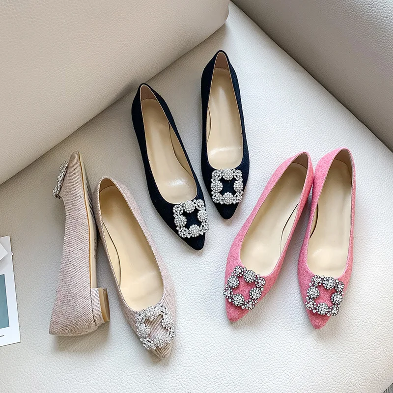 

Man-made Diamond Snowflake Buckle Korean-Style Ladies' Flat Top Shoes 2019 Spring And Autumn Pointed-Toe Shoes Shallow Mouth WOM
