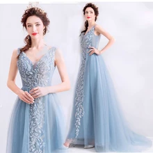 Вечернее платье с вышивкой, элегантное платье с v-образным вырезом, без рукавов, вечерние платья для женщин, на шнуровке, с открытой спиной, вечернее платье E177