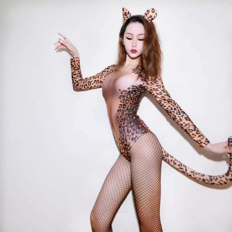 New Female Singer DS Performance Costume Sexy Leopard Print DJ Rhinestone Bodysuit Jazz Dance Costumes Beyonce Stage outfits (2)