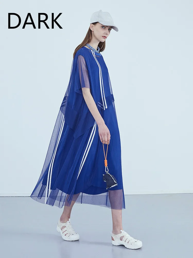 

2020 Summer New Short-sleeved Mesh Round Neck Loose Loose Slim Mid-length Dress Two-piece Suit