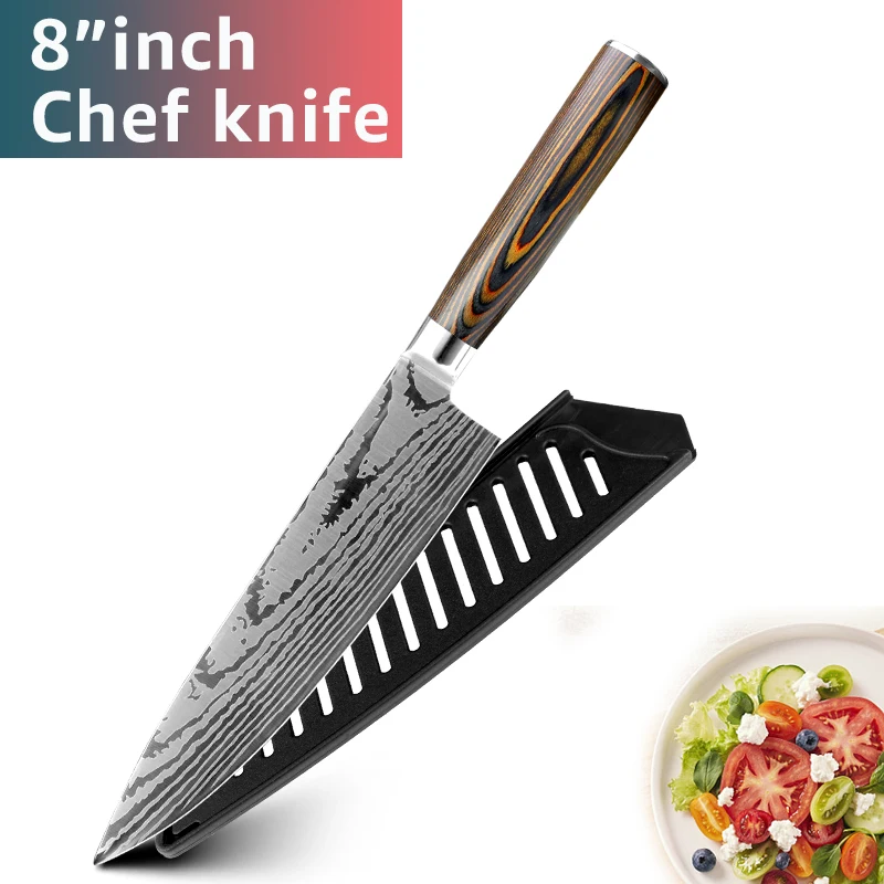 Кухонный нож шеф-повара японские 7CR17 440C высокоуглеродистая Нержавеющая сталь имитация Дамасского шлифовального лазерного ножа - Цвет: P