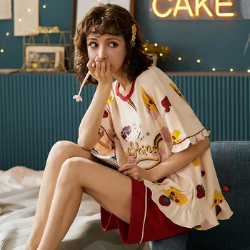 

BZEL Spring Summer Pajamas Suit Cute Cartoon Casual Home Clothes For Women 100% Cotton Ladies Sleepwear Underwear Pyjamas M-XXL