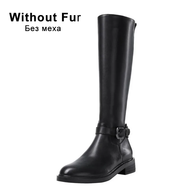 RIZABINA Real Leather Women Retro Knee High Boots Round Toe Flats Motorcycle Boots Buckle Sexy Winter Shoes Women Size 33-44 - Цвет: black without fur
