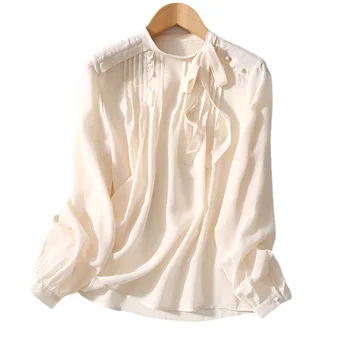 

Women Shirt Spring and Summer New Elegant Pleated Comfortable Silk Double Crepe Ladies Shirt