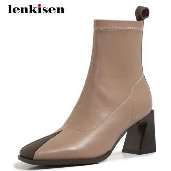 

Lenkisen Chelsea boots real leather mixed colors streetwear square toe high strange heel slip on stretch mature ankle boots L8f2