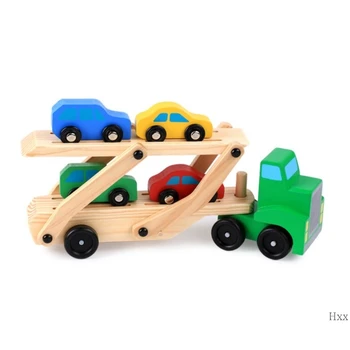

New Baby Kids Wooden Simulation Educational Toys Children Double-deck Trailer Car Transporter Toy Set