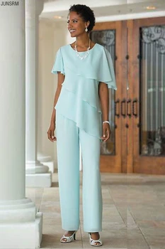 

Elegant Sky Blue Mother of the Bride Pants Suits Wedding Guest Dress Chiffon Short Sleeve Tiered Mother of Bride Pant Suits