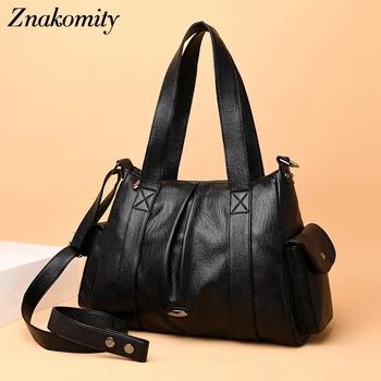 

Znakomity Fashion Leather Bags Women Handbags Messenger Bag Tote Black Leather Ladies Shoulder Bag Large Tote Bag for Women 2019