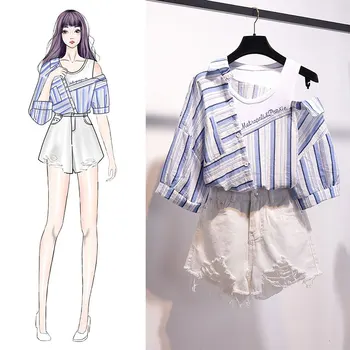 

Sweet Suit Female Korea Student Irregular Stripe Blouse Splicing Shirt Hole Jean Shorts Two-Pieces Clothing Casual Sets