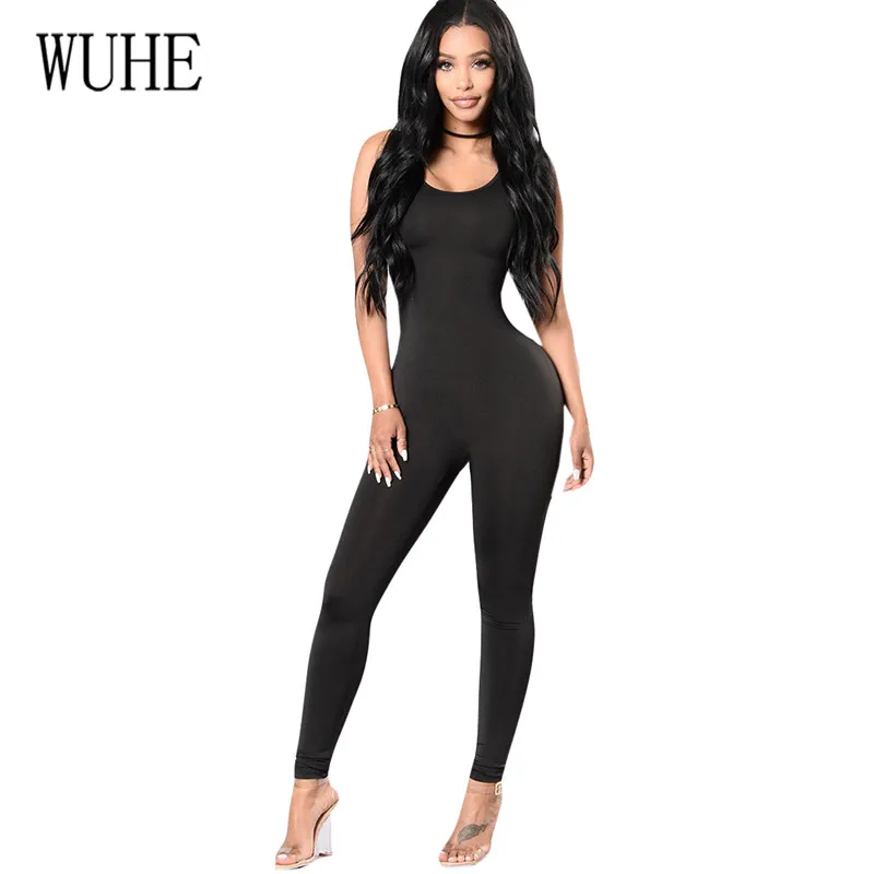 

WUHE Long Jumpsuit for Women Summer Sleeveless Hollow Out Skinny Backless Sportswear Slim Solid Color Bodycon Jumpsuits Macacao