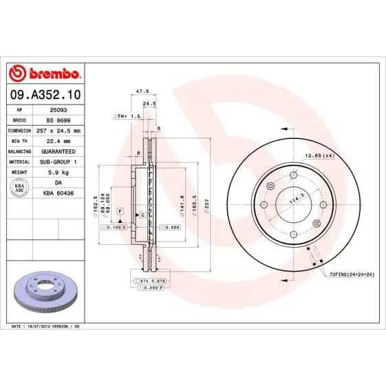 Диск тормозной передний Hyunday Sonata all 00-01 BREMBO 09.A352
