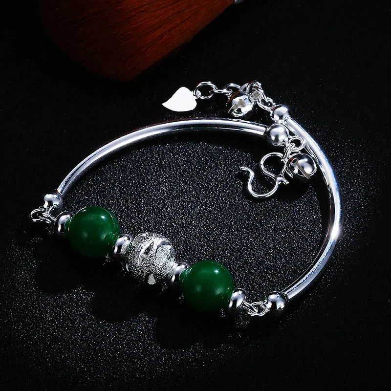 Bague Ringen Серебряный 925 нефритовый браслет, Круглый Зеленый Халцедон, Открытый регулируемый размер, очаровательные женские ювелирные изделия, женские вечерние, подарок